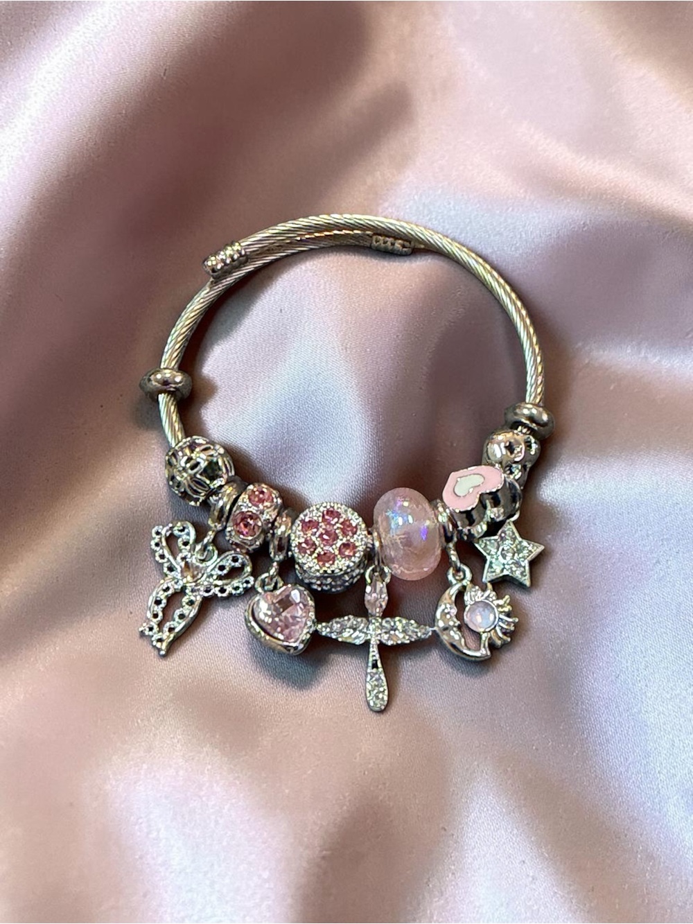 Sterling Silver Pink Charm Twisted Bangle with Crystal Accents